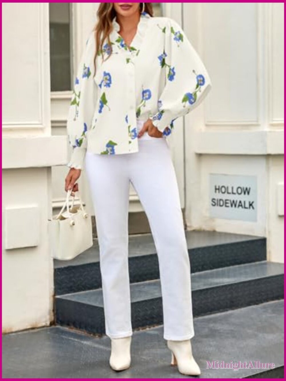 V Neck Floral Puff Sleeve Blouse Boho Button Down Shirt Dressy Casual - Picture 4 of 7